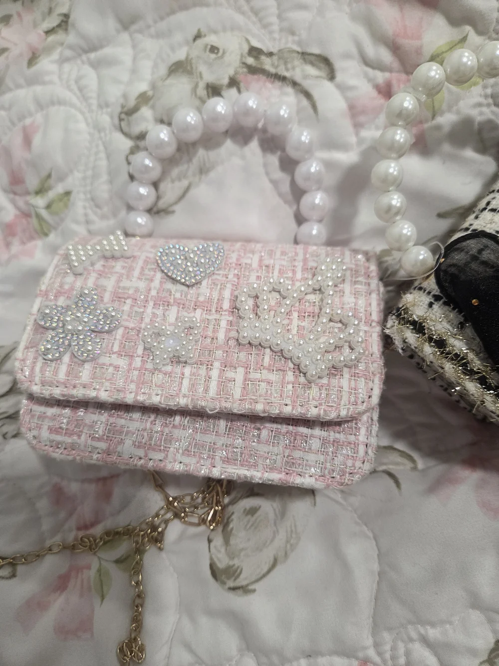 Pearl Handle Tweed Mini Bag - Pink and Black Duo